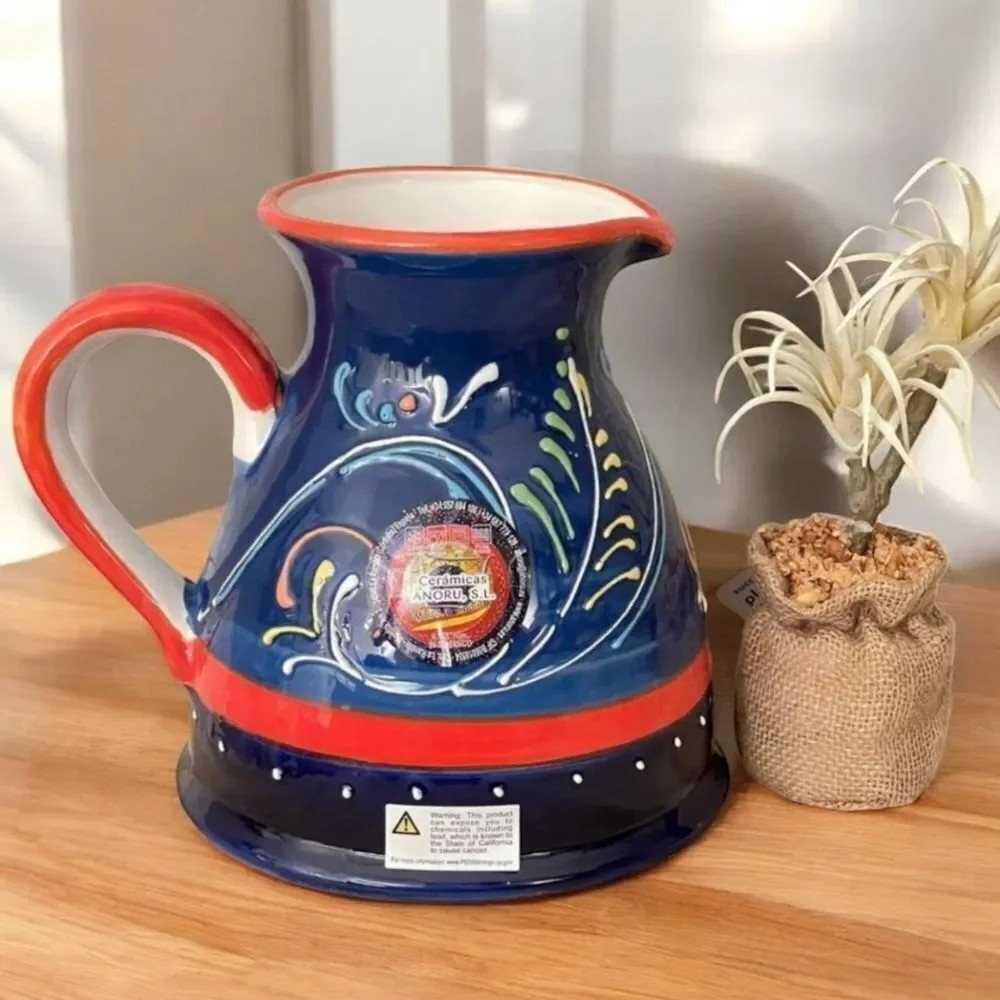 NWT Cerámicas Anoru S.L. Blue Red Hand Painted Ceramic Pitcher Made in Spain